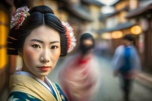 retrato de un japonés mujer en nacional ropa. neural red ai generado foto