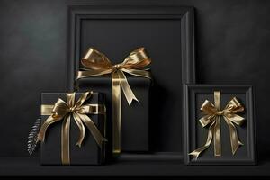 Black gift boxes with gold ribbon on dark background. Neural network AI generated photo