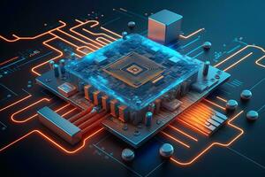 A board with chips and a gaming graphics card processor. Progressive cooling system for the video chip, processor and memory. Computer Details. Neural network AI generated photo