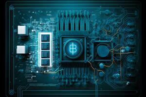 A board with chips and a gaming graphics card processor. Progressive cooling system for the video chip, processor and memory. Computer Details. Neural network AI generated photo