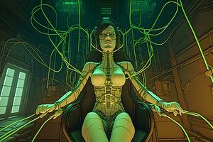 Cyber woman connected by wires to a neural network. Neural network AI generated photo