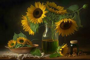 Rural still life sunflower oil in bottle with flowers of sunflower Helianthus annuus in dark light. Neural network AI generated photo