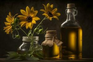 Rural still life sunflower oil in bottle with flowers of sunflower Helianthus annuus in dark light. Neural network AI generated photo