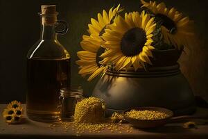 Rural still life sunflower oil in bottle with flowers of sunflower Helianthus annuus in dark light. Neural network AI generated photo