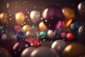 Background of holiday balloons and confetti. Neural network AI generated photo