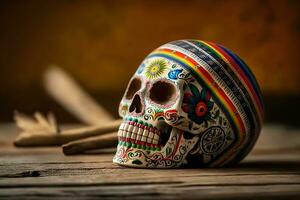 Halloween Dia De Los Muertos Celebration With Sugar Skull. Neural network AI generated photo