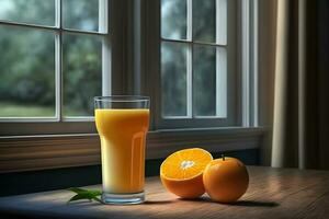 vaso de Fresco naranja jugo con Fresco frutas en de madera mesa. neural red ai generado foto