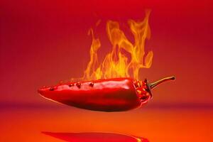 Fresh red chilli pepper in fire as a symbol of burning feeling of spicy food and spices. Red background. Neural network AI generated photo