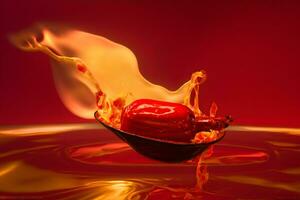 Fresh red chilli pepper in fire as a symbol of burning feeling of spicy food and spices. Red background. Neural network AI generated photo