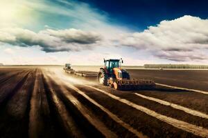 Farmer with tractor seeding sowing crops at agricultural field. Plants, wheat. Neural network AI generated photo