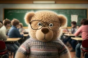 Teddy bear as a student at school. Back to school. Neural network AI generated photo