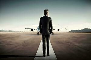 Rear view of businessman walking towards corporate jet. Neural network AI generated photo