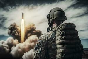 Soldier in front of a ballistic missile launch. Neural network AI generated photo