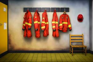 Locker room of a fire department with protection uniforms and helmets. Neural network AI generated photo