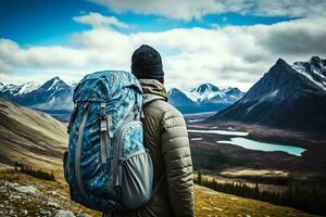 Tourist with a backpack in a mountain hike. Neural network AI generated photo