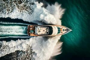 Boat floats in the sea, top view. Neural network AI generated photo