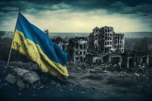 bandera de Ucrania y destruido edificio. guerra concepto. neural red ai generado foto