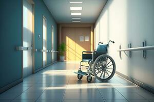 Wheelchair in the hospital corridor. Neural network AI generated photo