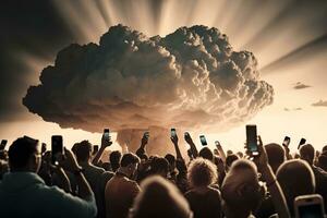 Crowd of people photographing mushroom cloud. Neural network AI generated photo