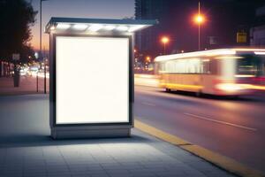 blanco publicidad ligero caja en autobús detener, Bosquejo de vacío anuncio cartelera en noche autobús estación, modelo bandera en antecedentes ciudad calle para texto. neural red ai generado foto