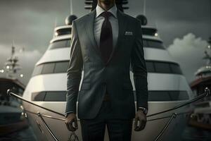Confident successful businessman on the background of a private yacht. Neural network AI generated photo