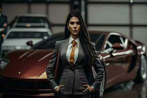 joven mujer de negocios con un coche. neural red ai generado foto