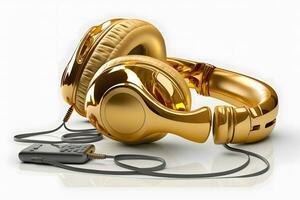 Golden headphones on a white background. Neural network AI generated photo