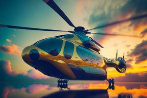 Modern futuristic army helicopter transport in city center. Neural network generated art photo