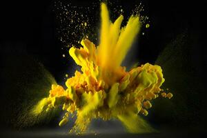 Explosion of yellow color paint powder on black background. Neural network generated art photo