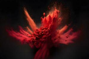 Explosion of red color paint powder on black background. Neural network generated art photo