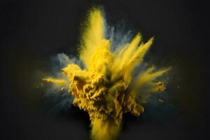 Explosion of yellow color paint powder on black background. Neural network generated art photo