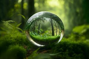 Crystal ball on green grass with reflection of green vegetation inside. Neural network generated art photo