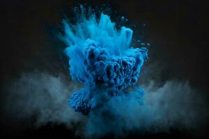 Explosion of blue color paint powder on black background. Neural network generated art photo
