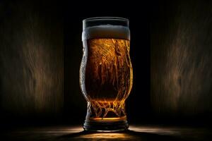 Beautiful beer with foam in classic beer glass in dark scene. Neural network generated art photo