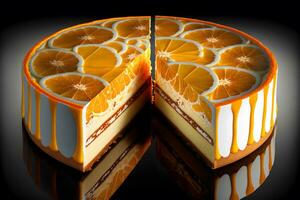 Piece of cheesecake with fresh orange slices and mint. Neural network generated art photo