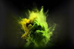 Explosion of green and yellow color paint powder on black background. Neural network generated art photo