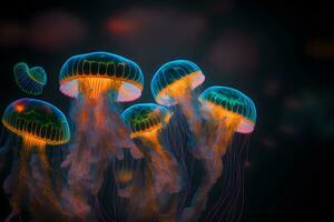 Group of clear glowing neon color light jelly fish in deep dark water. Neural network generated art photo