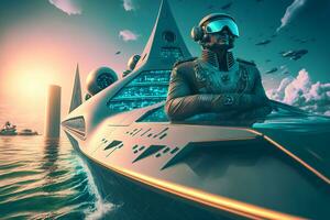 Ship captain on a modern futuristic boat transport at sea. Neural network generated art photo