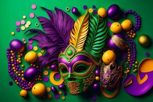 Group of venetian mardi gras mask or disguise on a colorful bright background. Neural network generated art photo