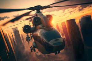 Modern futuristic army helicopter transport in city center. Neural network generated art photo