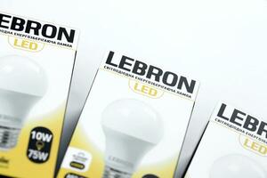KHARKOV, UKRAINE - MARCH 30, 2021 Many Lebron LED light bulbs. Lebron is chinese light equipment manufacturer photo