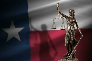 Texas nosotros estado bandera con estatua de dama justicia y judicial escamas en oscuro habitación. concepto de juicio y castigo foto