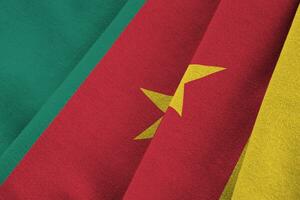 Cameroon flag with big folds waving close up under the studio light indoors. The official symbols and colors in banner photo