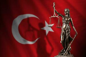 Turkey flag with statue of lady justice and judicial scales in dark room. Concept of judgement and punishment photo