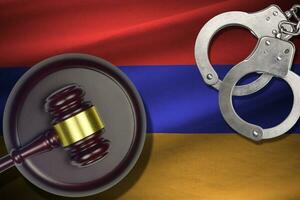 Armenia flag with judge mallet and handcuffs in dark room. Concept of criminal and punishment, background for judgement topics photo