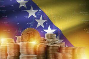 Bosnia and Herzegovina flag and big amount of golden bitcoin coins and trading platform chart. Crypto currency photo