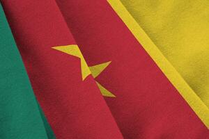 Cameroon flag with big folds waving close up under the studio light indoors. The official symbols and colors in banner photo