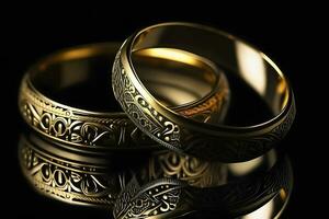 Original gold wedding rings on a dark background. Neural network AI generated photo
