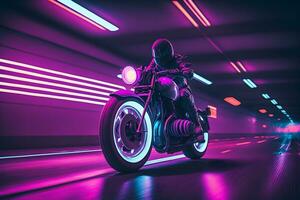 Futuristic biker on a retrowave sunset with a glitch and high-speed effect. Neural network AI generated photo