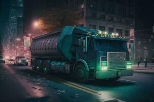 Garbage truck in the night city. Neural network AI generated photo